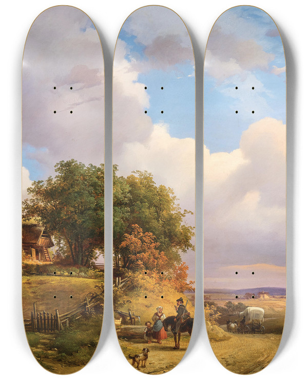 Triptych art skateboard deck of Ignaz Raffalt A Hunter Resting On A Country Road by Ignaz Raffalt (1800-1857)
