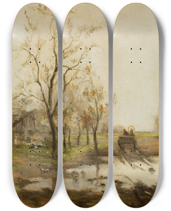 Triptych art skateboard deck of Isaac Levitan Springtime In The Countryside by Isaac Levitan (1860-1900)