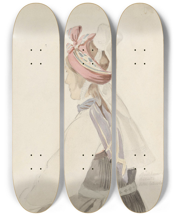 Triptych art skateboard deck of Adolph Tidemand Draktstudier Valle I Setesdal by Adolph Tidemand (1814-1876)
