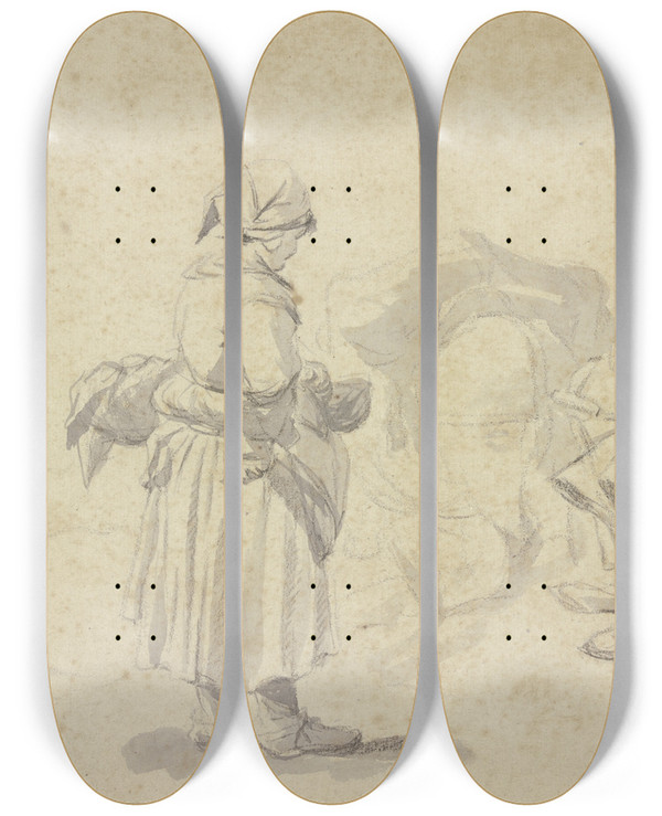 Triptych art skateboard deck of Johann Heinrich Roos Ein Mann Ruht Hinter Seinem Beladenen Esel Aus Vor Ihm Steht Ein Mdchen Mit Einem Korb by Johann Heinrich Roos (1631-1685)