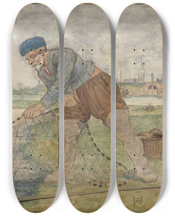 Triptych art skateboard deck of Hendrick Avercamp A Fisherman Hauling In His Net by Hendrick Avercamp (1585-1634)