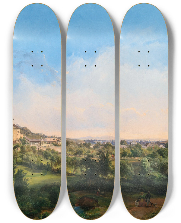 Triptych art skateboard deck of Carl Franz Michael Geyling A View Of The Churches Of Kalksburg And Rodaun At Dawn by Carl Franz Michael Geyling (1814-1880)