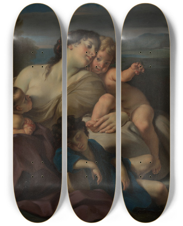 Triptych art skateboard deck of Carlo Cignani Charity by Carlo Cignani (1628-1719)