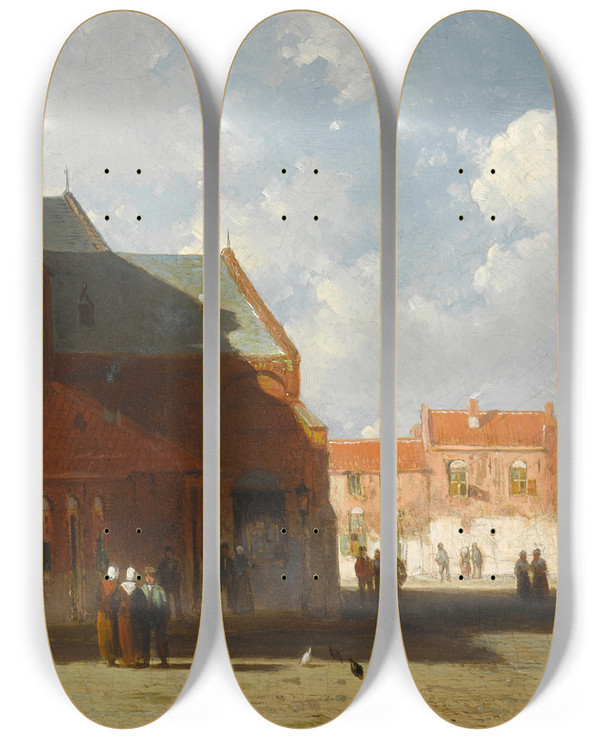 Triptych art skateboard deck of Jan Weissenbruch A View Of A Dutch Town by Jan Weissenbruch (1822-1880)