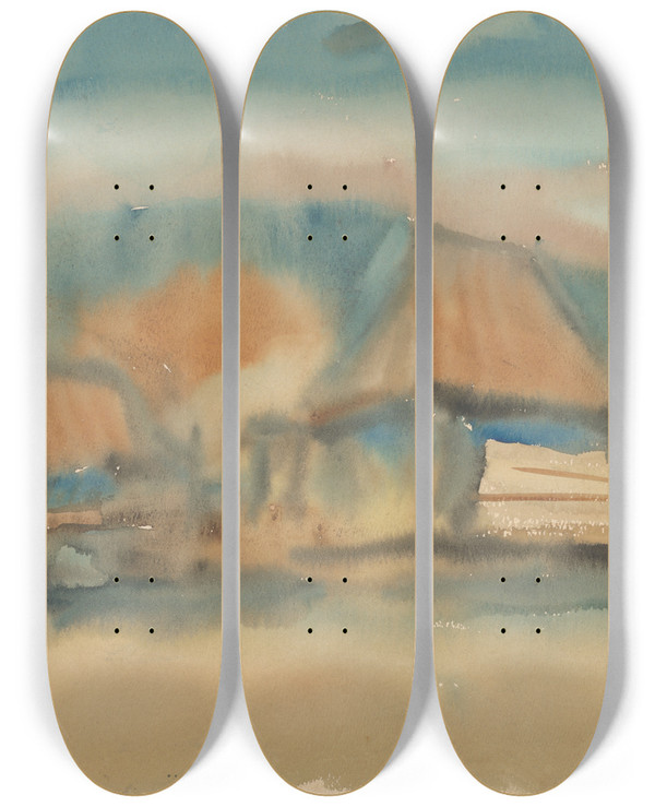 Triptych art skateboard deck of Zolo Palugyay Hamlet In The Morning Mist by Zolo Palugyay (1898-1935)
