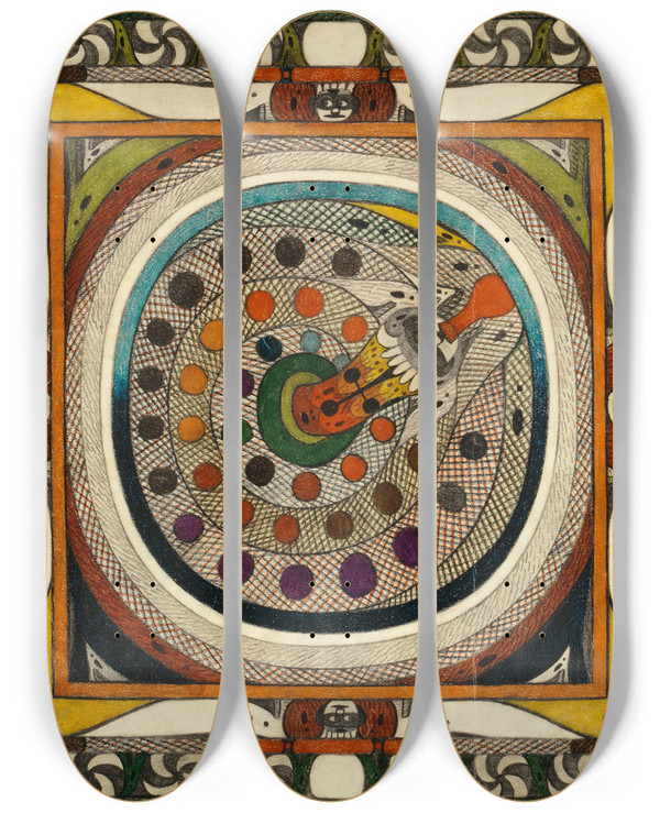 Triptych art skateboard deck of Adolf Wlfli Netzschlange Vom Wiliwaldskt Adolfthurmhoofringuhrwald In Amerika by Adolf Wolfli (1864-1930)