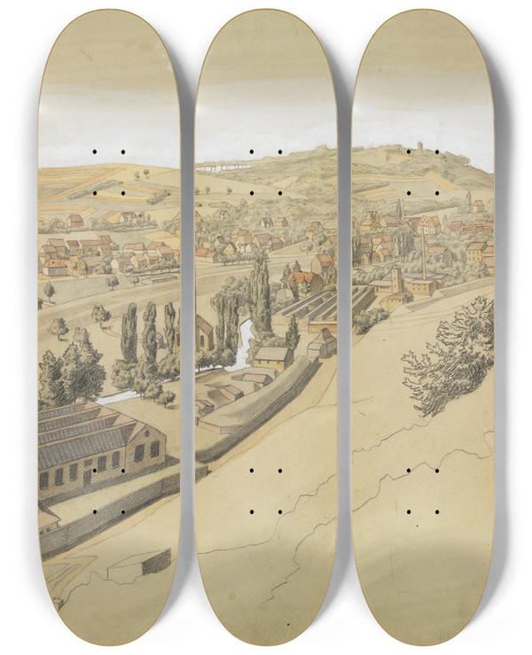 Triptych art skateboard deck of Georg Scholz Grtzingen Mit Dem Turmberg by Georg Scholz (1890-1945)