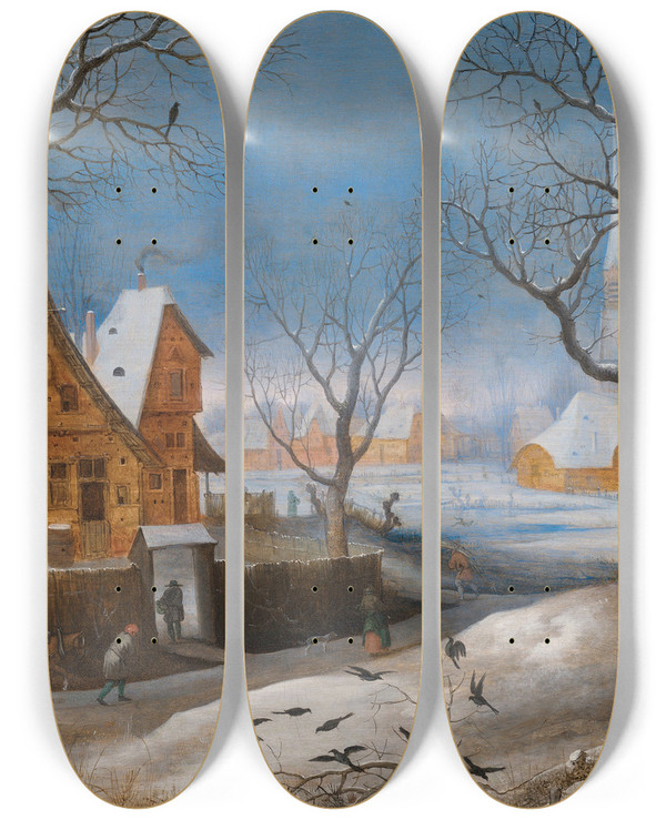 Triptych art skateboard deck of Adriaen Van Stalbemt A Winter Landscape With Figures In A Village by Adriaen Van Stalbemt (1580-1622)