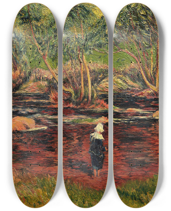 Triptych art skateboard deck of Henry Moret Bretonne De Pontaven Les Pieds Dans La Rivire by Henry Moret (1856-1913)