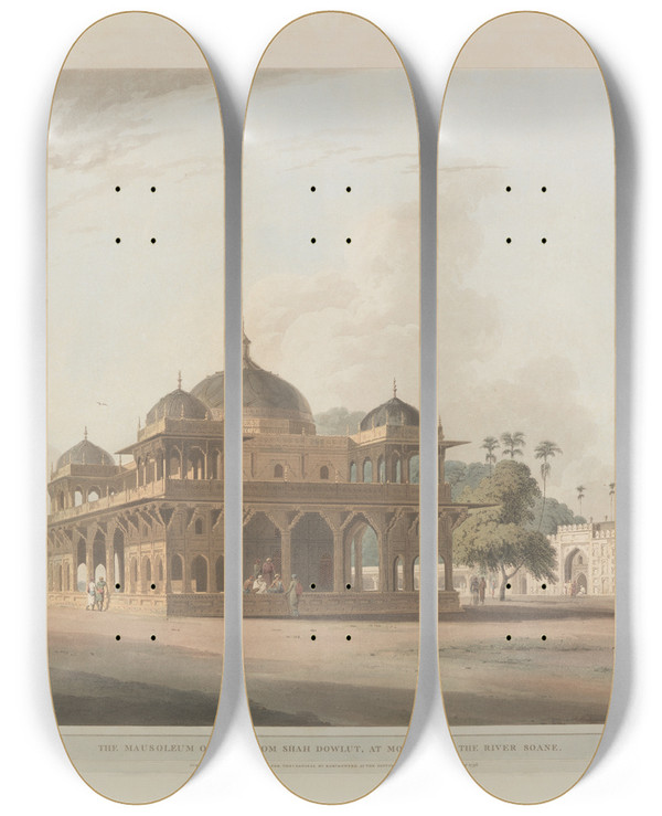 Triptych art skateboard deck of Thomas Daniell Oriental Scenery Pl12 by Thomas Daniell (1749-1840)