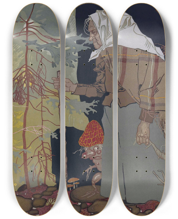 Triptych art skateboard deck of Franz Wacik Hexe Mit Pilzmnnchen by Franz Wacik (1883-1938)