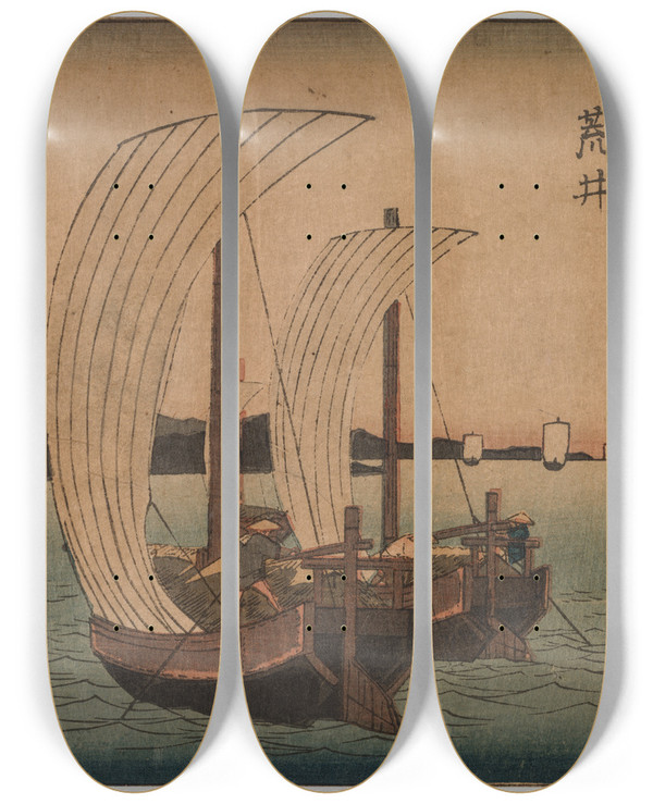 Triptych art skateboard deck of Utagawa Hiroshige Ii Sail Boats by Utagawa Hiroshige Ii (1826-1869)