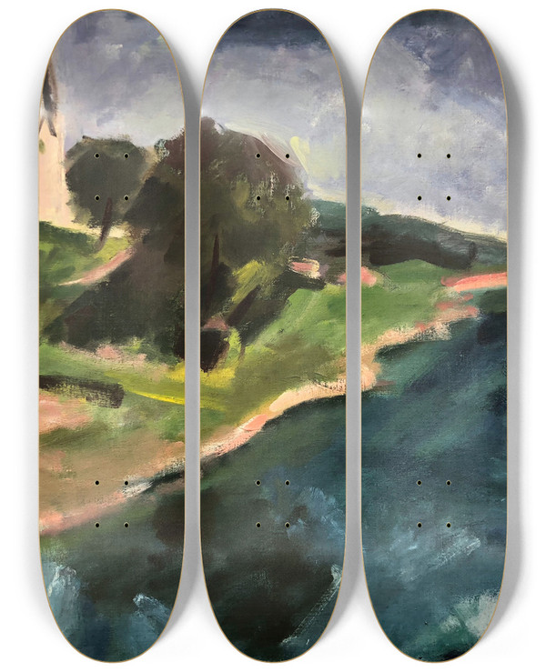 Triptych art skateboard deck of Otto Geigenberger Gollenshausen Am Chiemsee by Otto Geigenberger (1881-1946)
