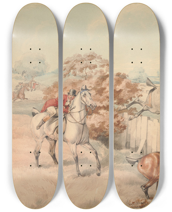 Triptych art skateboard deck of Henry Thomas Alken Foxhunting The Leap by Henry Thomas Alken (1785-1851)