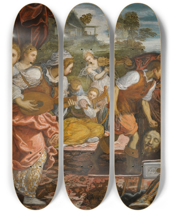 Triptych art skateboard deck of Domenico Tintoretto The Triumph Of David by Domenico Tintoretto (1560-1635)