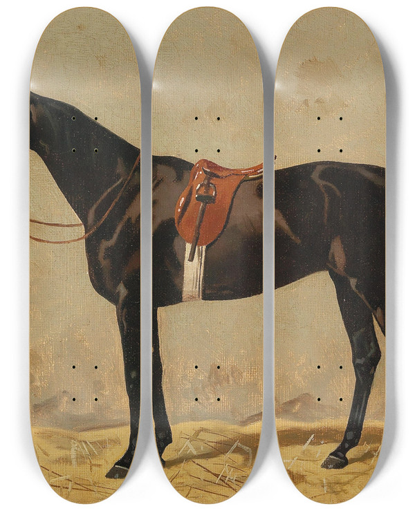 Triptych art skateboard deck of Emil Volkers Black Horse In The Stable by Emil Volkers (1831-1905)