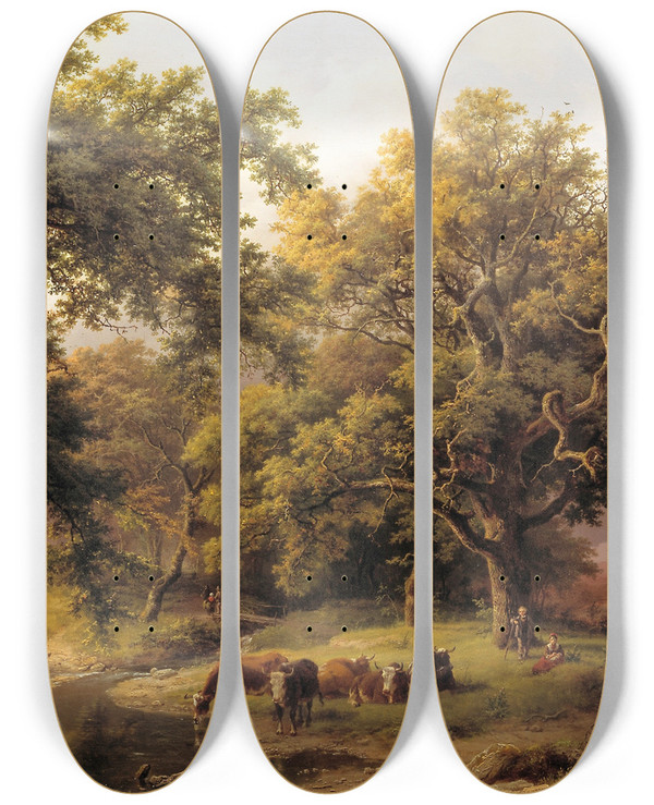 Triptych art skateboard deck of Barend Cornelis Koekkoek Brook By The Edge Of The Woods by Barend Cornelis Koekkoek (1803-1862)