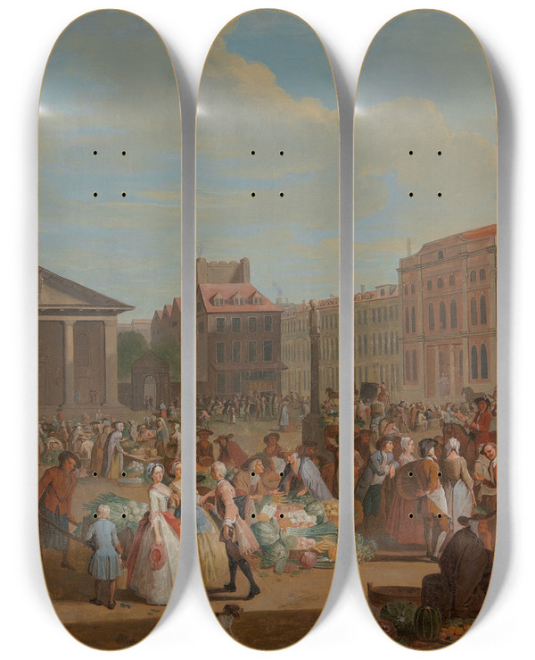 Triptych art skateboard deck of Pieter Angillis Covent Garden by Pieter Angillis (1685-1734)