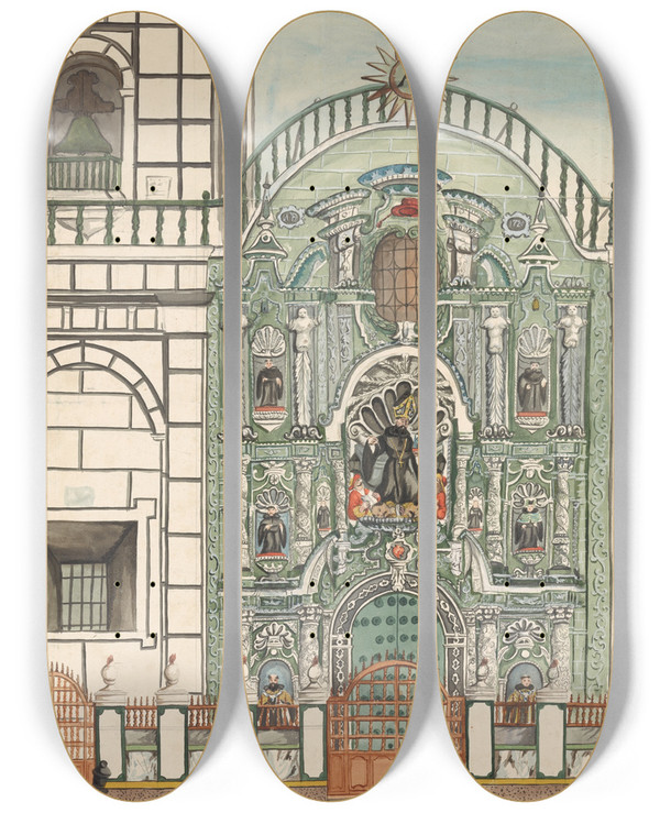Triptych art skateboard deck of Francisco Fierro Facade Of A Churchlima by Francisco Fierro (1807-1879)