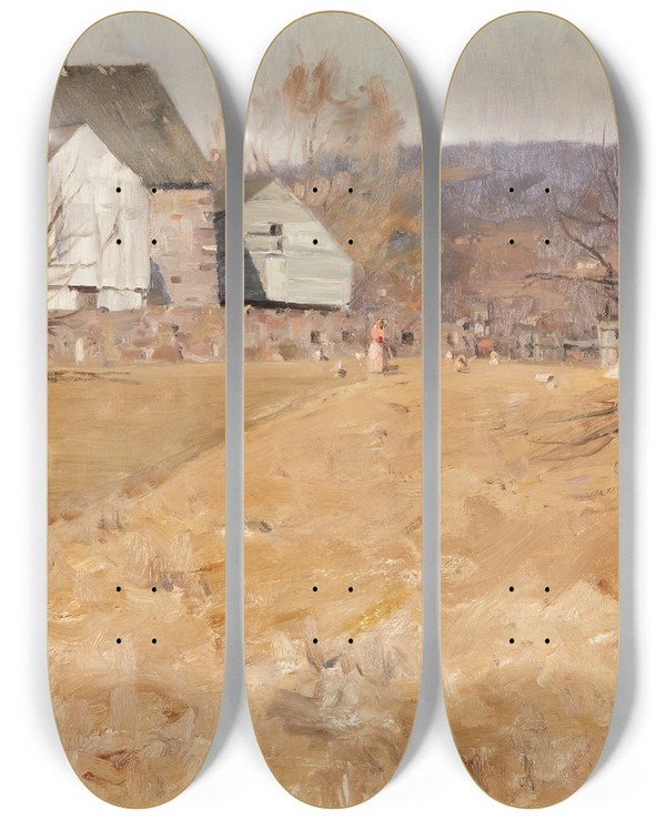 Triptych art skateboard deck of William Langson Lathrop Feeding The Chickens by William Langson Lathrop (1859-1938)