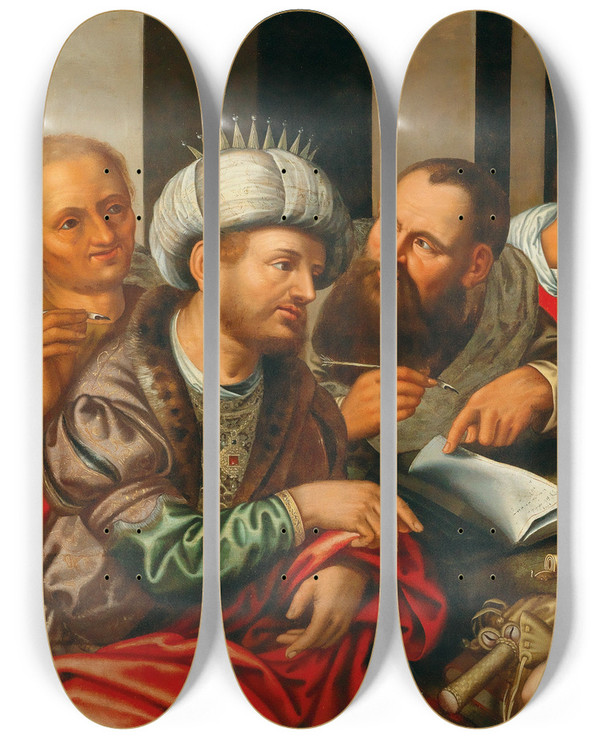 Triptych art skateboard deck of Jan Sanders Van Hemessen The Parable Of The Merciless Creditor by Jan Sanders Van Hemessen (1524-1564)