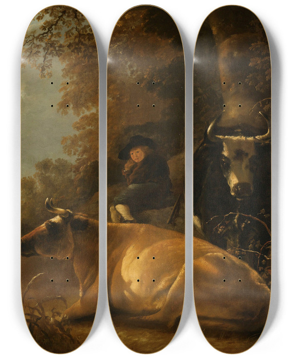 Triptych art skateboard deck of Aelbert Cuyp Landscape With Cows And A Young Herdsman by Aelbert Cuyp (1620-1691)