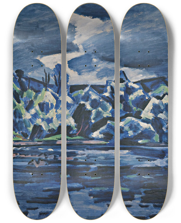 Triptych art skateboard deck of Vclav Pla Thunderstorm By The River Otava by Vclav pla (1885-1946)