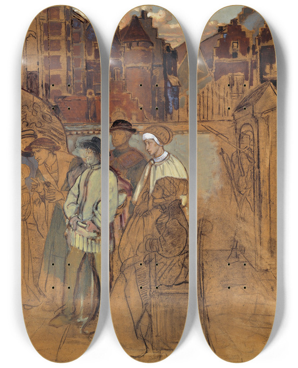 Triptych art skateboard deck of Jan August Hendrik Leys Archery Feast In Antwerp In The 16Th Century by Jan August Hendrik Leys (1815-1869)