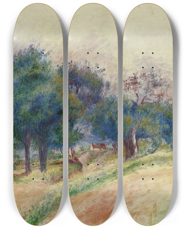 Triptych art skateboard deck of Pierreauguste Renoir Paysage Dessoyes by Pierre-Auguste Renoir (1841-1919)