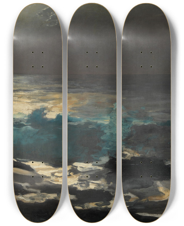 Triptych art skateboard deck of Winslow Homer Moonlight Wood Island Light by Winslow Homer (1836-1910)