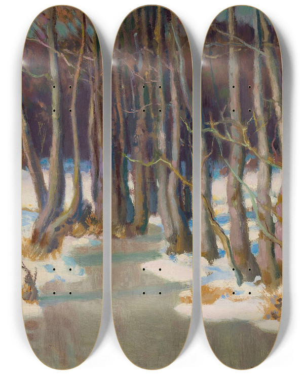 Triptych art skateboard deck of Teodor Ziomek Forest Stream In Winter by Teodor Ziomek (1874-1937)