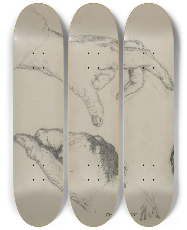Triptych art skateboard deck of Thodule Ribot Study Of Hands Recto by Theodule Ribot (1823-1891)