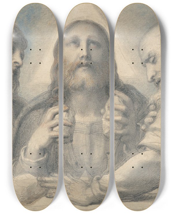 Triptych art skateboard deck of Richard Cosway Supper At Emmaus by Richard Cosway (1742-1821)