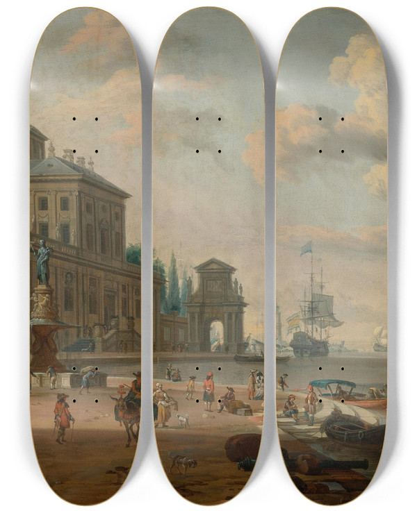 Triptych art skateboard deck of Abraham Storck Italianate Harbor Scene With Figures And Animals In A Grand Architectural Setting by Abraham Storck (1644-1708)