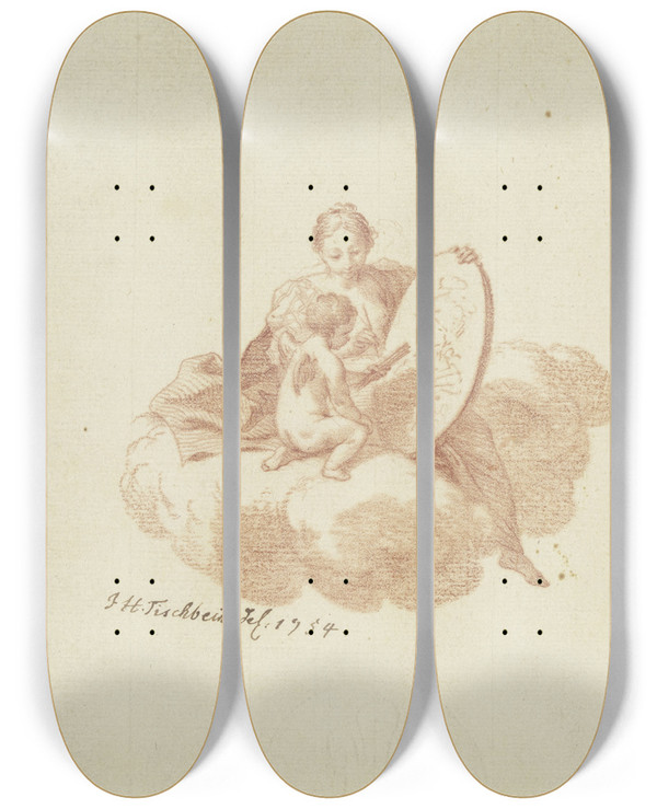 Triptych art skateboard deck of Johann Heinrich Tischbein The Elder Titelblatt Frauengestalt Auf Einer Wolke Mit Einem Malenden Amor by Johann Heinrich Wilhelm Tischbein (1722-1789)