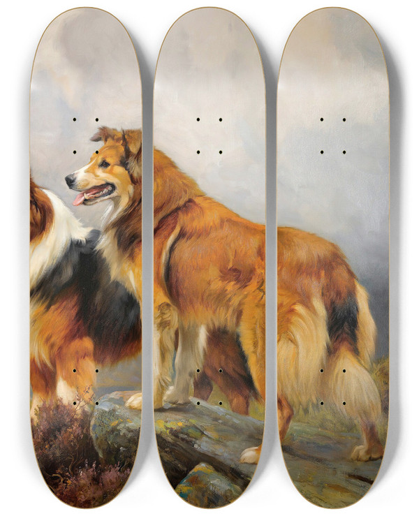 Triptych art skateboard deck of Wright Barker Two Collies Above A Lake by Wright Barker (1864-1941)
