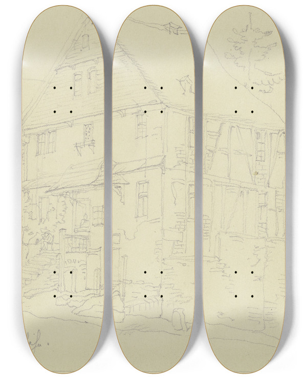 Triptych art skateboard deck of Johann Friedrich Hoff Huserzeile In Berg Nassau An Der Lahn by Johann Friedrich Hoff (1832-1913)