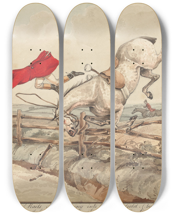 Triptych art skateboard deck of Henry Thomas Alken Qualified Horses And Unqualified Riders Topping A Flight Of Rails by Henry Thomas Alken (1785-1851)