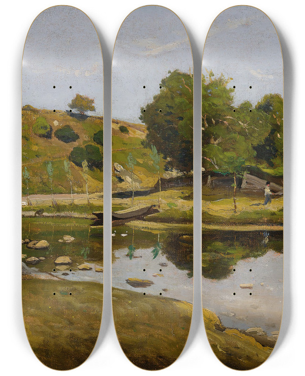Triptych art skateboard deck of Henrijoseph Harpignies The River by Henri Joseph Harpignies (1819-1916)