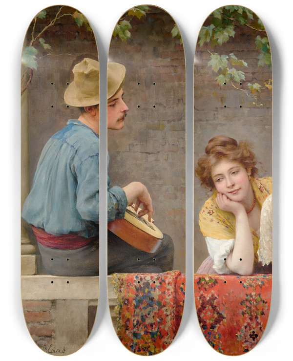Triptych art skateboard deck of Eugen Von Blaas The Mandolinist by Eugen Von Blaas (1843-1931)