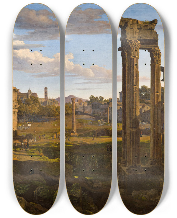 Triptych art skateboard deck of Johann Heinrich Schilbach View From The Capitol Looking Towards The Forum Romanum by Johann Heinrich Schilbach (1798-1851)