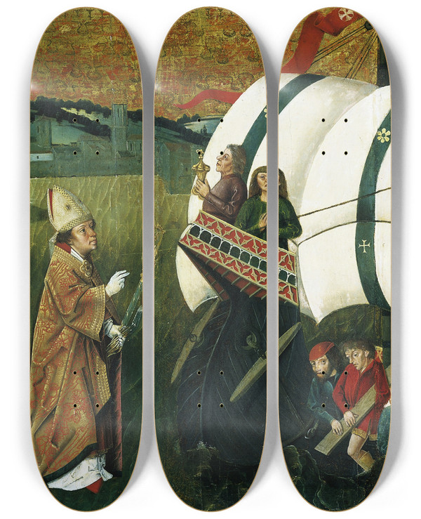 Triptych art skateboard deck of Master From Friedrich Herlins Circle Scene From The Legend Of A Bishop Saint by Master From Friedrich Herlins Circle