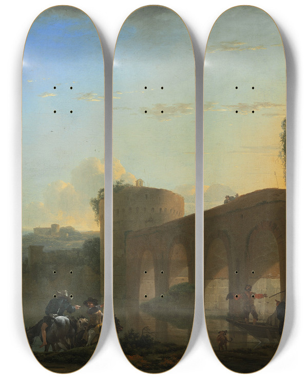 Triptych art skateboard deck of Jan Asselijn The Tiber River With The Ponte Molle At Sunset by Jan Asselijn (1610-1652)
