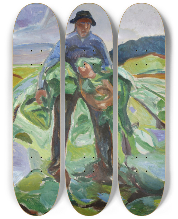 Triptych art skateboard deck of Edvard Munch Man In The Cabbage Field by Edvard Munch (1863-1944)