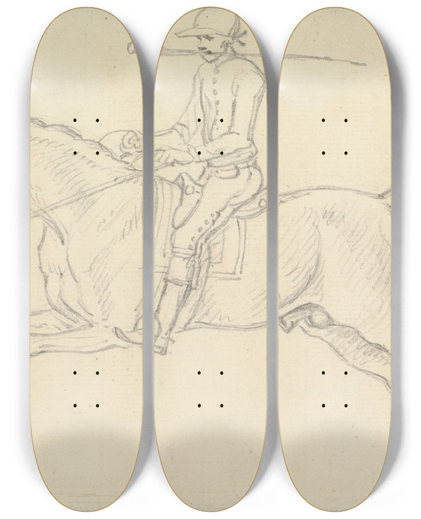 Triptych art skateboard deck of James Seymour Racehorse With Jockey Up The Jockey Holds A Whip In His Teeth by James Seymour (1697-1752)