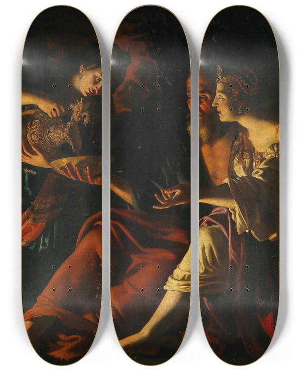 Triptych art skateboard deck of Giovanni Francesco Guerrieri Lot And His Daughters by Giovanni Francesco Guerrieri (1589-1657)