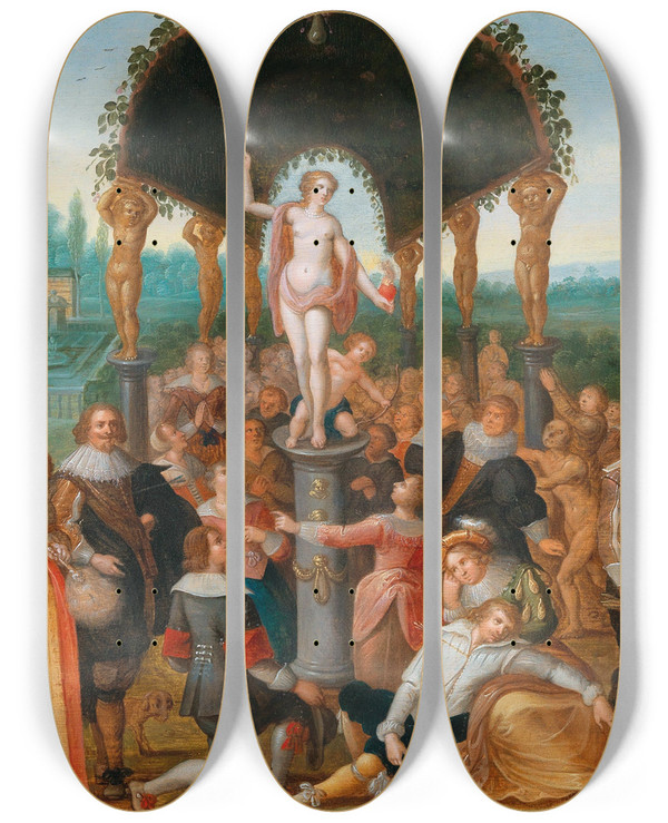 Triptych art skateboard deck of Workshop Of Louis De Caullery An Allegory Of Venus Verticordia by Workshop of Louis de Caullery (1580-1621)