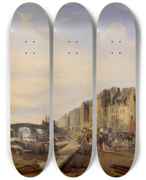 Triptych art skateboard deck of Charleslouis Mozin Le Pontmarie Et Le Port Saintpaul by Charles Louis Mozin (1806-1862)