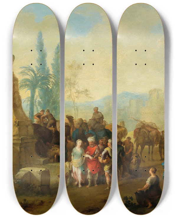 Triptych art skateboard deck of Franz De Paula Ferg Rebecca And Eliezer At The Well by Franz de Paula Ferg (1689-1740)