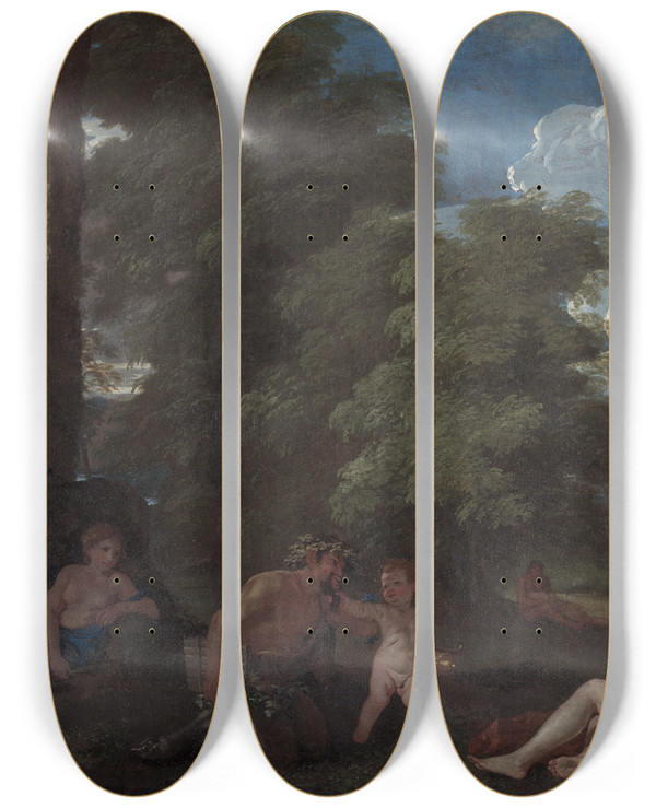 Triptych art skateboard deck of Nicolas Poussin Nymphs And A Satyr Amor Vincit Omnia by Nicolas Poussin (1594-1665)